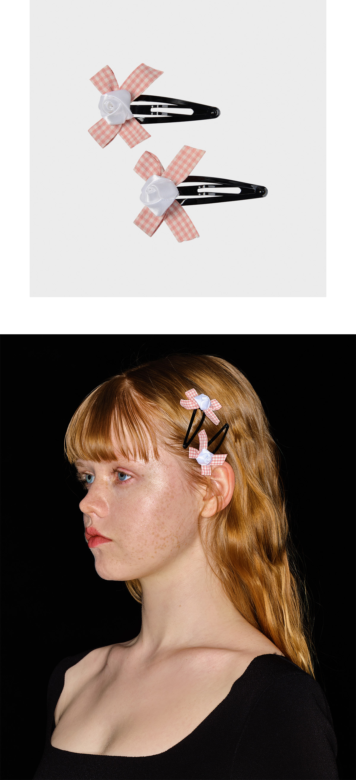CHECK BOW & ROSE HAIR CLIP SET (BABY PINK&WHITE)